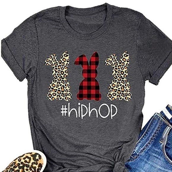 Tops - Women’s Leopard & Plaid Print Easter Bunny T-shirt #hiphop Size XL